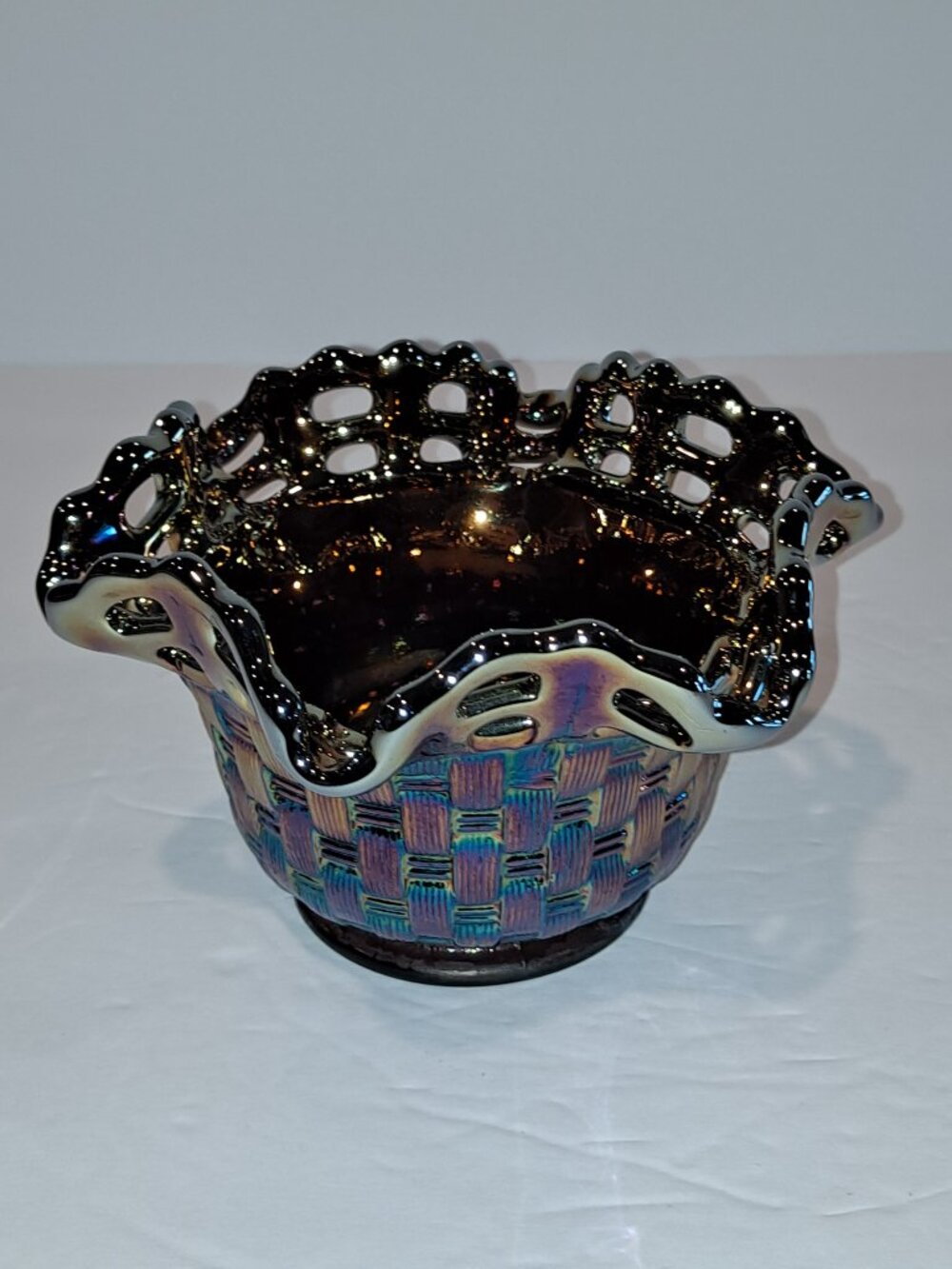 Amethyst Marked Fenton Basket Weave Ruffle Bowl Carnival Glass